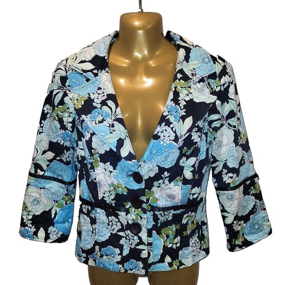 Vintage 90s Rampage Medium Blue Floral Blazer Fitted Cropped 3 Button Jacket - Picture 4 of 16
